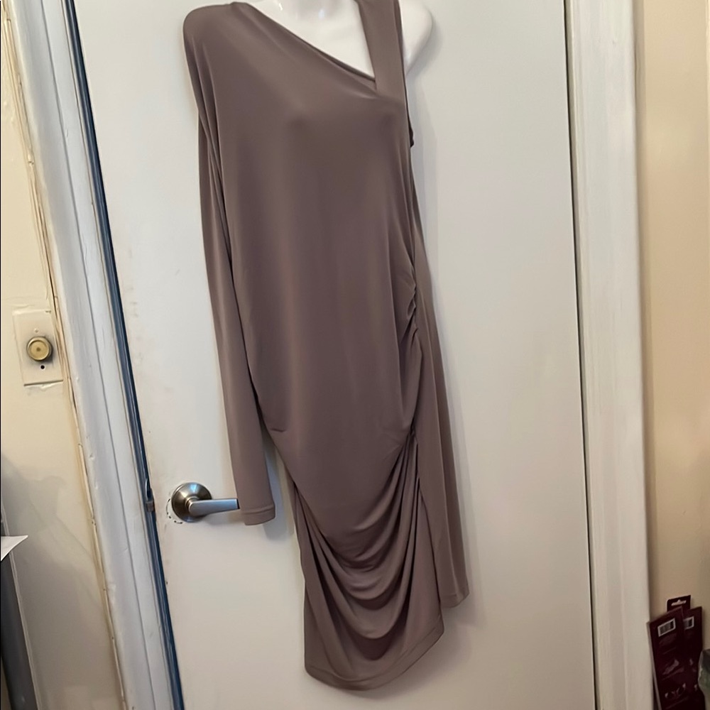 Elegant One-Shoulder Taupe Dress.Made in Italy.